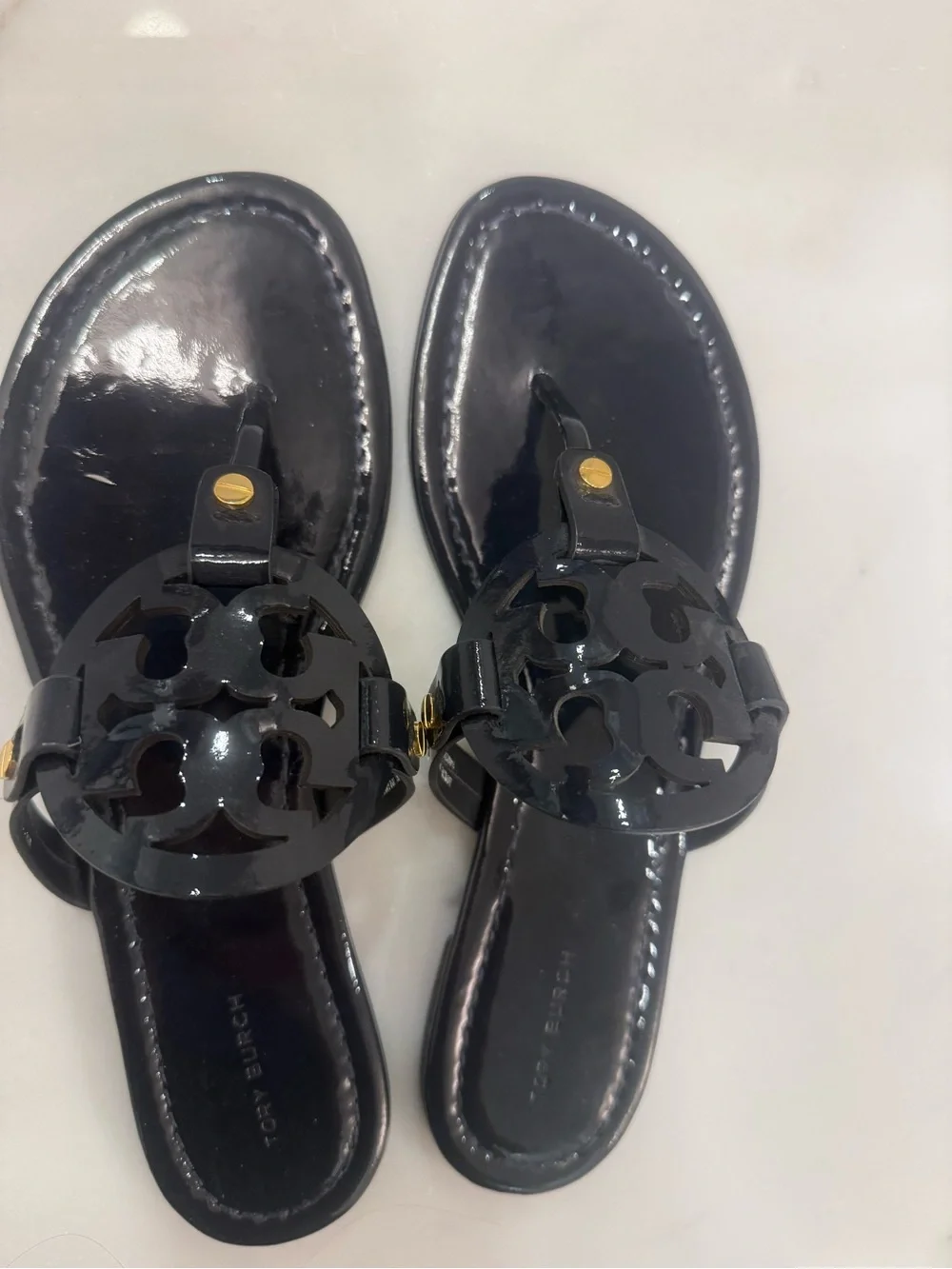 Tory Burch Navy Patent Logo Thong Sandals with Gold Studs
